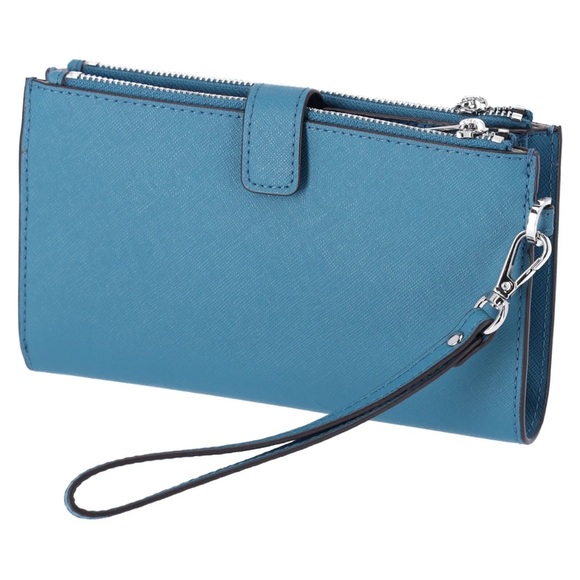 Michael Kors Jet Set Travel Large Double Zip Wristlet Phone Wallet Teal Blue - Picture 5 of 7
